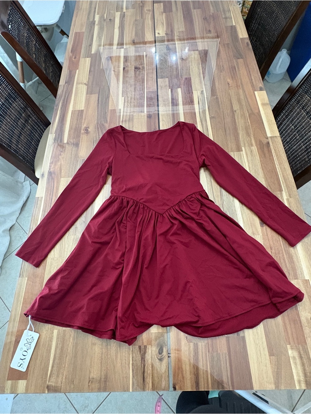 OYS Sz L Burgundy Casual Long Sleeve Mini Square Neck V Waist Tie Renfaire Red